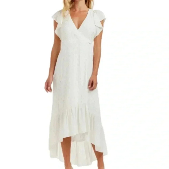DREW White & Gold Short Flutter Sleeve High Low True Wrap Maxi Dress Small, NWT - Picture 1 of 15